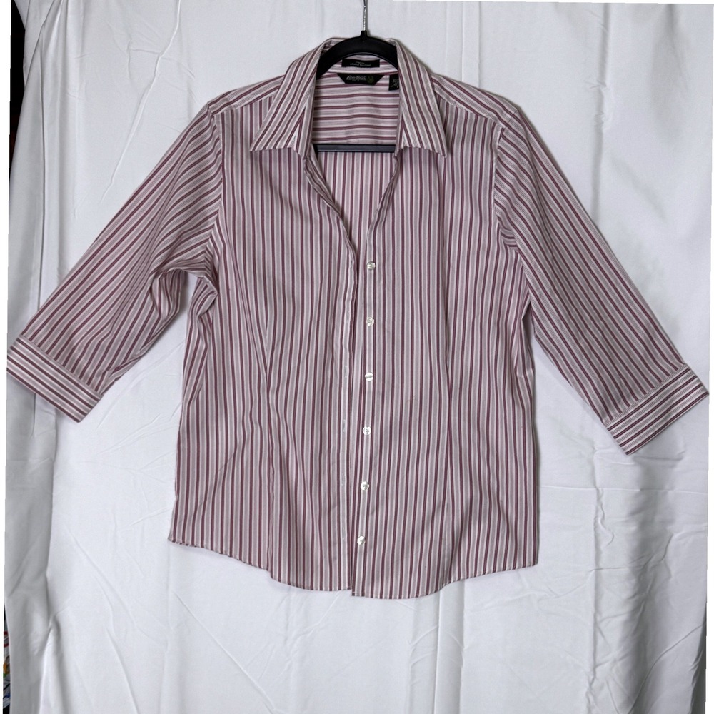 Eddie Bauer Women's Striped Button‎ 3/4 Sleeve Stretch Wrinkle Resistant Size L
